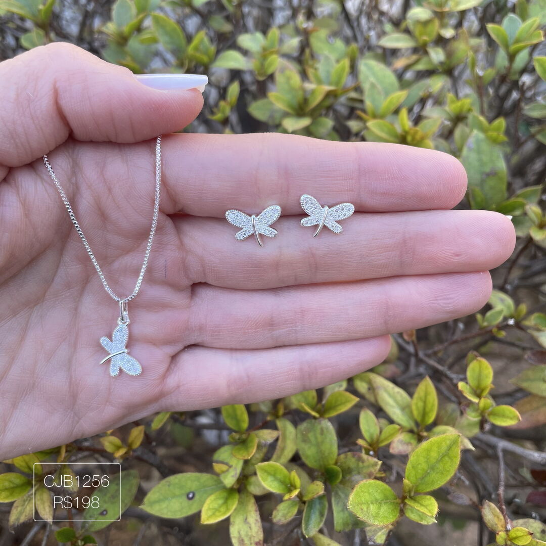 Conjunto de Libélula Cravejado Cristal Prateado